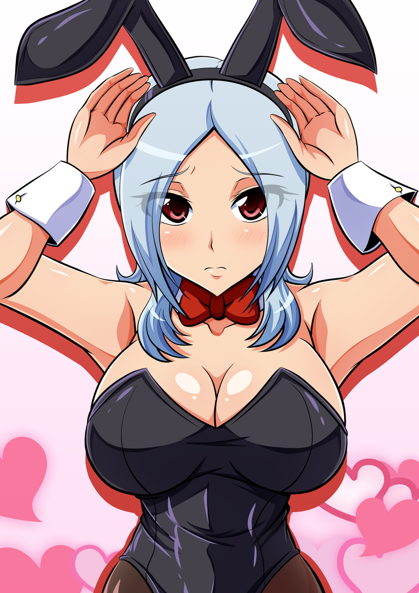 animal_ears aokura_shou armpits arms_up bare_shoulders blue_hair bow bowtie breasts bunny_ears bunnysuit cleavage eas fresh_precure! higashi_setsuna highres large_breasts pantyhose precure red_eyes short_hair solo