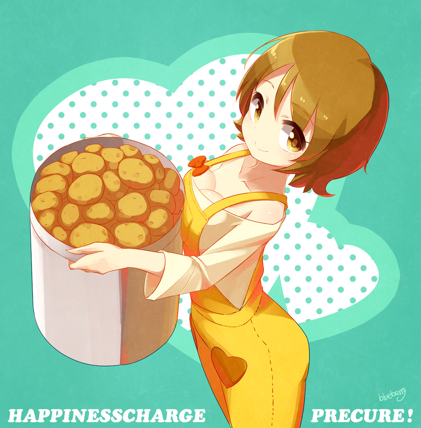 artist_name blueberry_(5959) breasts brown_eyes brown_hair copyright_name happinesscharge_precure! highres looking_at_viewer medium_breasts oomori_yuuko overalls potato precure short_hair smile solo