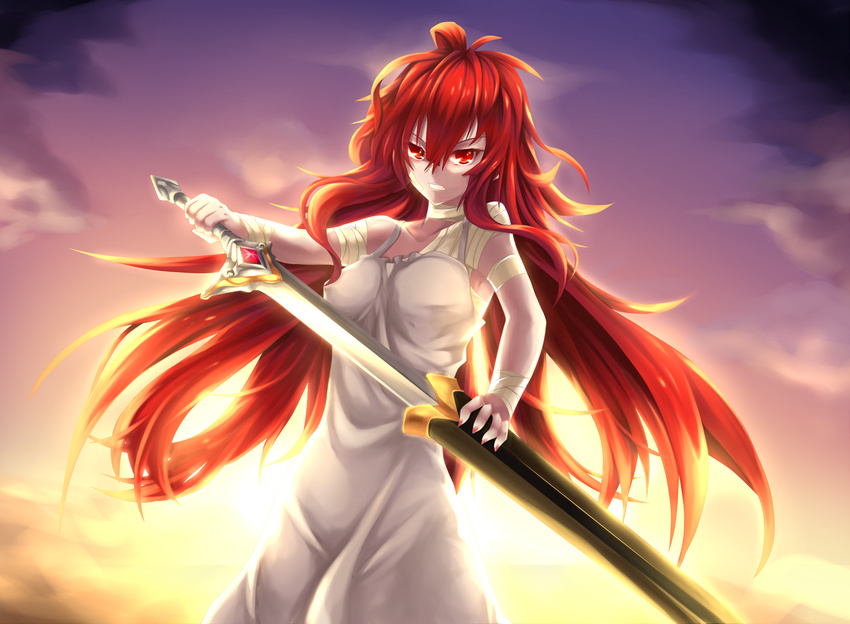 fi-san highres long_hair original red_eyes red_hair solo sword weapon