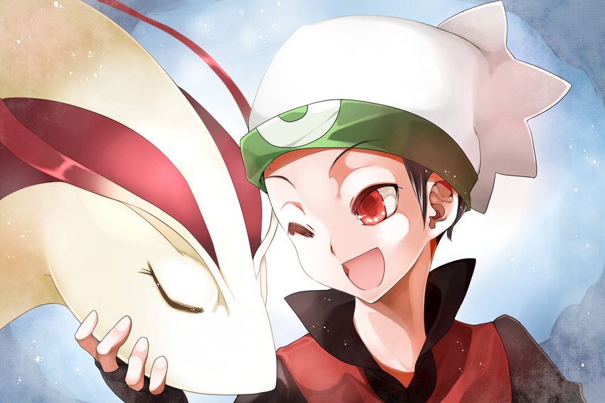 black_hair closed_eyes commentary_request fingerless_gloves gen_3_pokemon gloves hat irodori_(irotoridori) looking_at_another milotic one_eye_closed open_mouth pokemon pokemon_(creature) pokemon_special popped_collar red_eyes ruby_(pokemon) scar smile