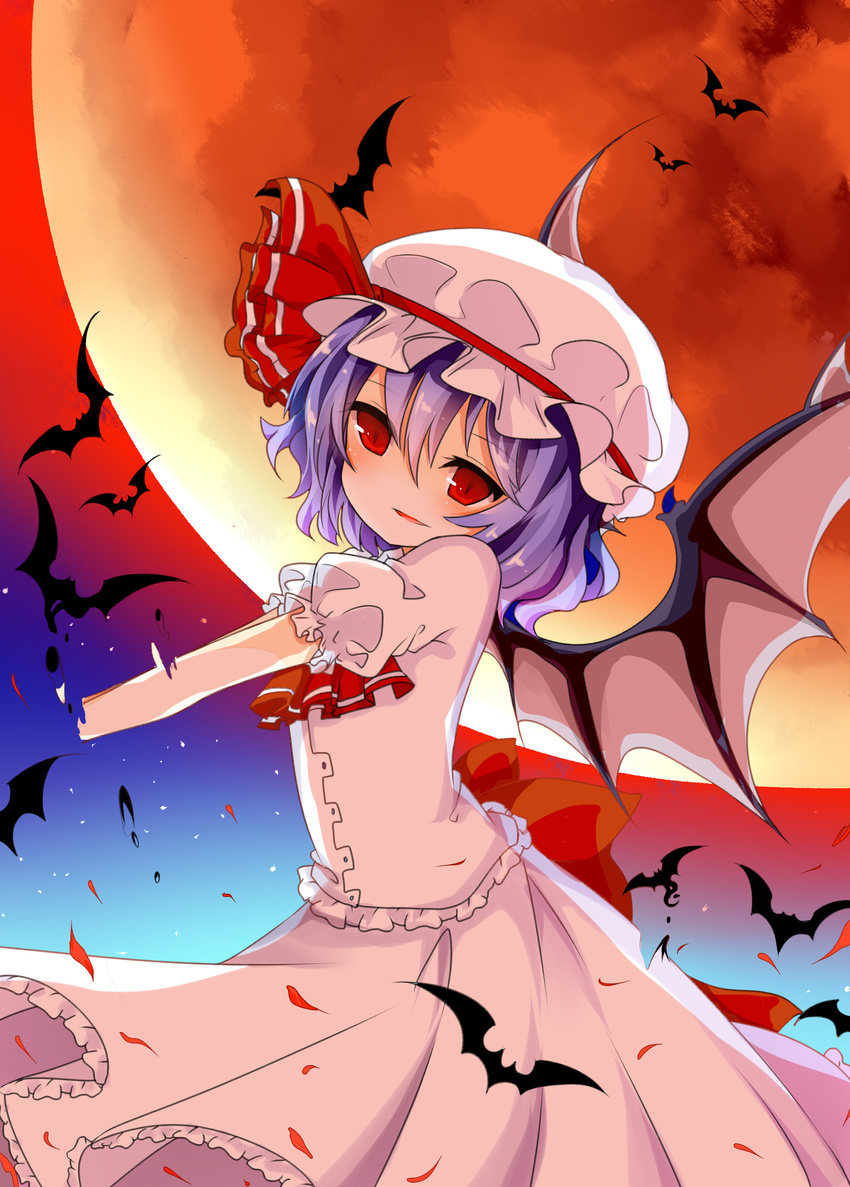 absurdres ascot bat bat_wings bow dress fading freeze_(867139) frilled_dress frilled_hat frills full_moon hat highres looking_at_viewer moon open_mouth pink_dress purple_hair red_bow red_eyes red_moon red_ribbon remilia_scarlet ribbon short_hair short_sleeves sky solo touhou wings