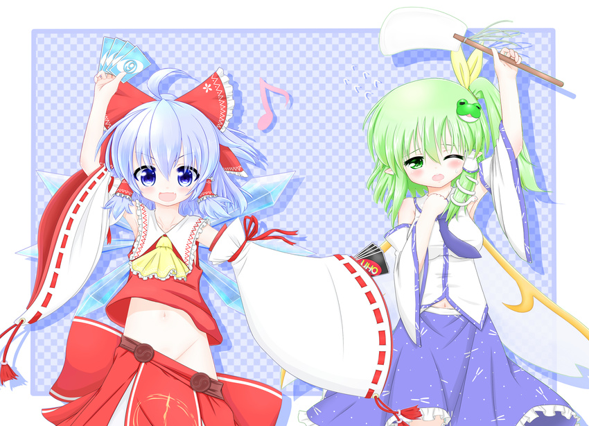 2girls :3 :d ;o absurdres ahoge arm_above_head arm_up blue_eyes blue_hair bow card checkered checkered_background cirno cosplay daiyousei detached_sleeves eighth_note fairy_wings fang flying_sweatdrops frilled_skirt frills frog_hair_ornament gohei green_eyes green_hair hair_bow hair_ornament hair_tubes hakurei_reimu hakurei_reimu_(cosplay) hand_on_own_chest highres holding holding_card kochiya_sanae kochiya_sanae_(cosplay) mofu_mofu multiple_girls musical_note necktie no_panties nontraditional_miko one_eye_closed open_mouth oversized_clothes playing_card pointy_ears short_hair side_ponytail skirt sleeves_past_wrists smile snake_hair_ornament sweat touhou uno_(game) wings