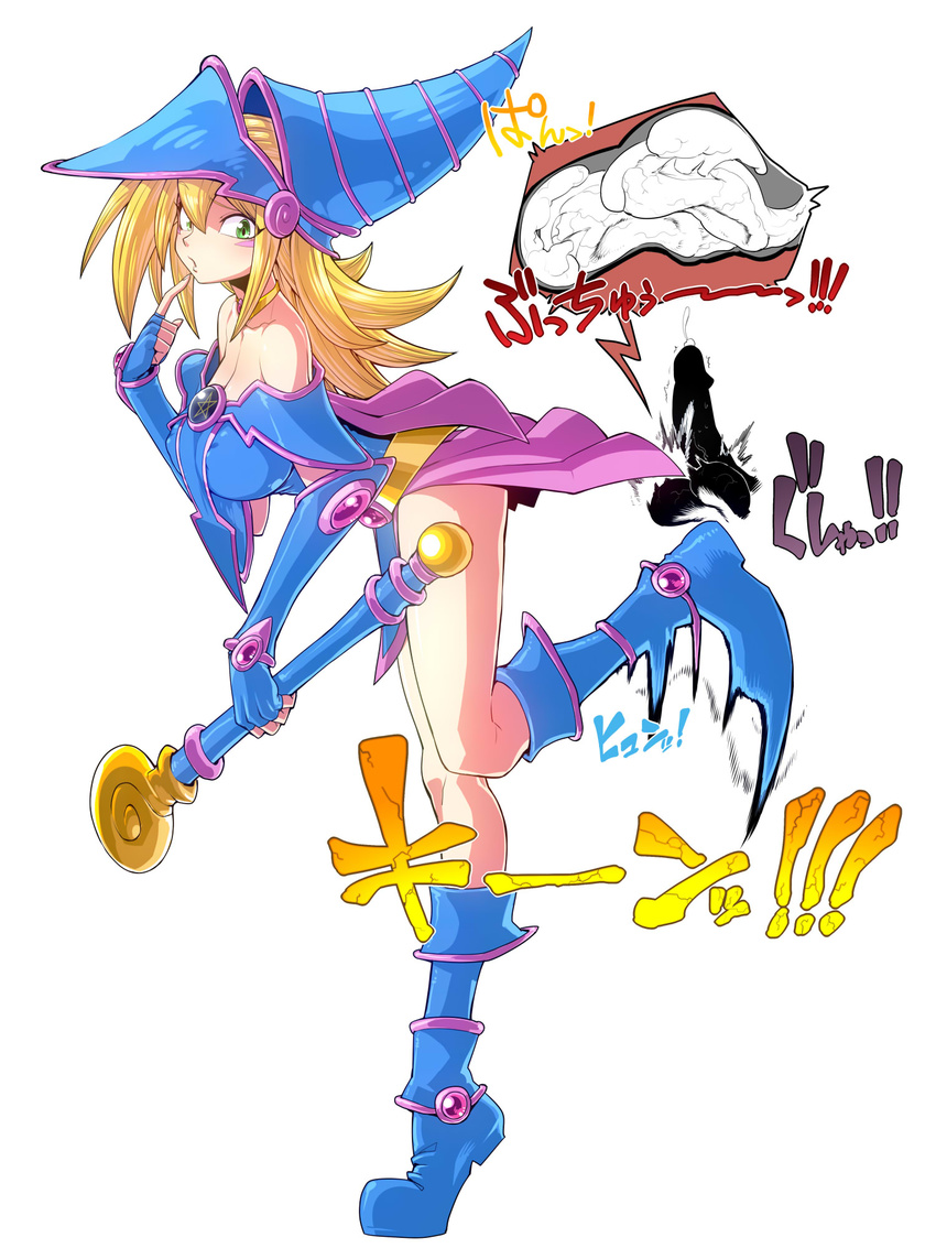 1girl blonde_hair blue_footwear blush_stickers boots breasts crotch_kick dark_magician_girl duel_monster fingerless_gloves gloves green_eyes hat hetero highres large_breasts pelvic_curtain penis solo_focus space_jin tamakeri testicles wand witch_hat yuu-gi-ou