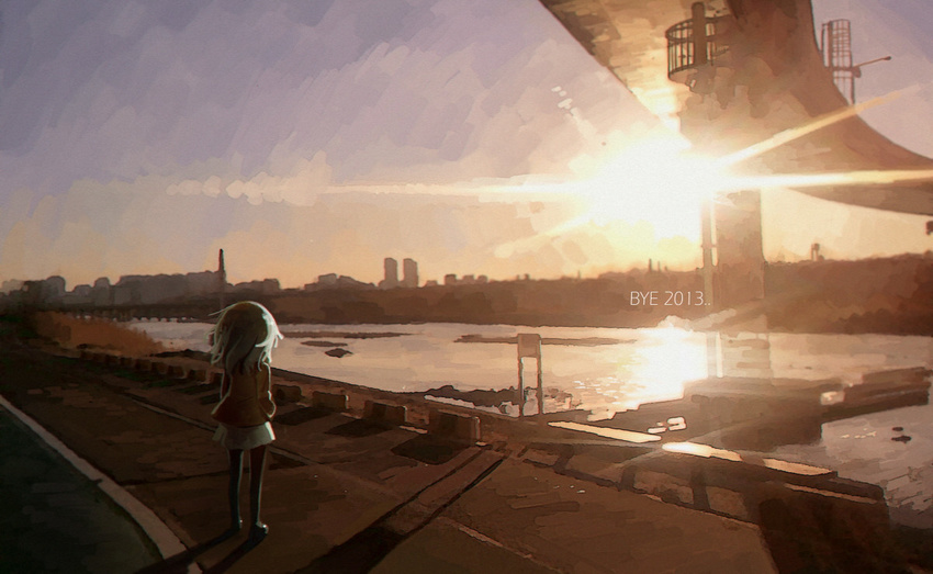 2013 bad_id bad_pixiv_id cityscape english facing_away hair_blowing highway jacket ladic lens_flare long_hair new_year original reflection river road shadow sign skirt skyline solo standing sun sunset water