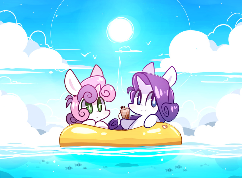 avian bird blue_eyes boat cloud drink duo equine female flying friendship_is_magic glass green_eyes hair horn lifeloser mammal my_little_pony outside pink_hair purple_hair rarity_(mlp) sibling sisters sky sun sweetie_belle_(mlp) two_tone_hair unicorn water