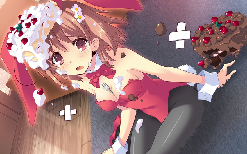 animal_ears between_breasts bow breasts brown_hair bunny_ears bunnysuit cake cleavage detached_collar dutch_angle flyable_heart food food_on_head fork game_cg highres inaba_yui itou_noiji medium_breasts messy object_on_head open_mouth pantyhose red_eyes rug short_hair sitting solo tearing_up unlikely_accident wrist_cuffs yokozuwari