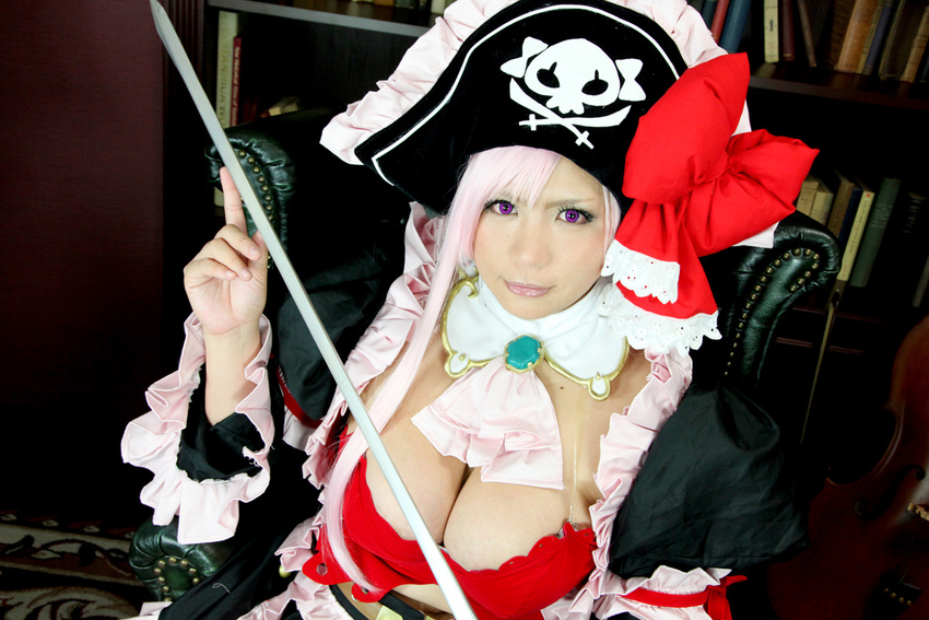 1girl breasts captain_liliana captain_liliana_(cosplay) chouzuki_maryou cosplay hat large_breasts photo pink_hair pirate pirate_hat plump purple_eyes queen's_blade queen's_blade queen's_blade_rebellion sword weapon