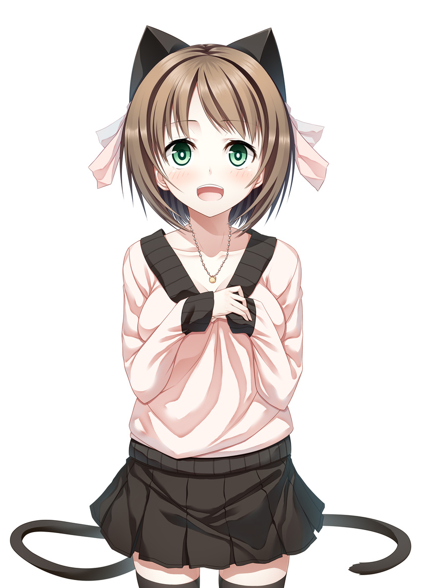 animal_ears bad_id bad_pixiv_id blush brown_hair cat_ears green_eyes hair_ribbon hands_clasped highres idolmaster idolmaster_cinderella_girls jewelry looking_at_viewer maekawa_miku necklace open_mouth own_hands_together re:n_ne ribbon short_hair simple_background skirt smile solo tail thighhighs white_background zettai_ryouiki