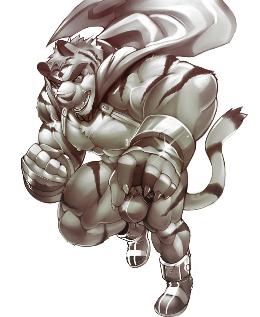 abs anthro armor biceps big_muscles black_fur body_markings boots build_tiger bulge cape claws clenched_fist cursedmarked dragon_heart fangs feline fur gamma-g gloves invalid_tag looking_at_viewer male mammal markings monochrome muscles nipples open_mouth pecs pose solo standing stripes super_hero teeth thong tiger tiger_stripes toned tongue topless vein white_fur
