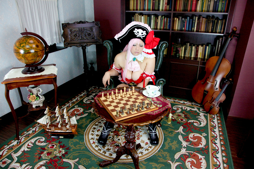 1girl board_game breasts captain_liliana captain_liliana_(cosplay) chess chouzuki_maryou cosplay hat large_breasts photo pink_hair pirate pirate_hat plump purple_eyes queen's_blade queen's_blade queen's_blade_rebellion