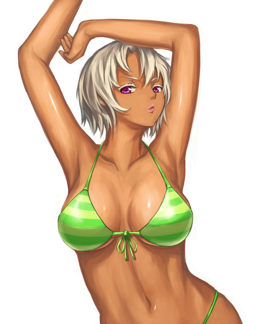 armpits arms_up bad_id bad_pixiv_id bikini breasts cleavage dark_skin front-tie_top goemon23 highres large_breasts looking_at_viewer navel original parted_lips pink_eyes short_hair solo swimsuit white_background white_hair