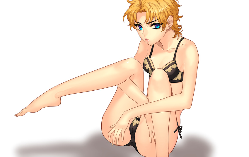 bad_id bad_pixiv_id barefoot blonde_hair blue_eyes bra dio_brando genderswap highres jojo_no_kimyou_na_bouken open_clothes open_shirt shirt short_hair sin11111 solo spread_legs underwear