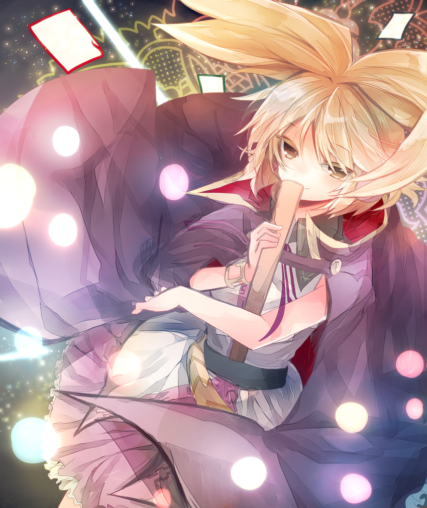 bare_arms belt blonde_hair bracelet cape covering_mouth danmaku highres jewelry light_smile looking_at_viewer ritual_baton shirt skirt sleeveless sleeveless_shirt solo sugino_(patrassyar) touhou toyosatomimi_no_miko yellow_eyes