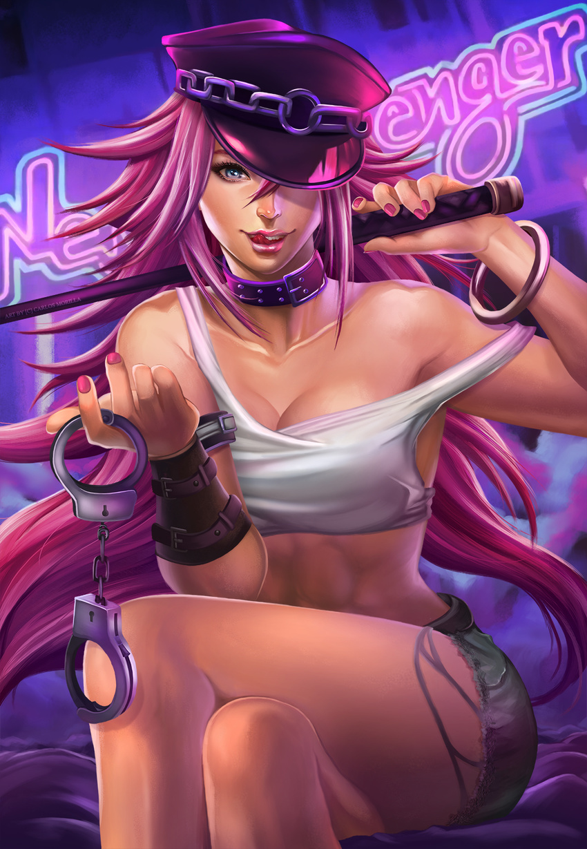 abs breasts carlos_morilla cleavage collar commentary crossed_legs cuffs denim denim_shorts handcuffs hat highres licking_lips lips long_hair medium_breasts neon_lights off_shoulder peaked_cap pink_hair poison_(final_fight) riding_crop short_shorts shorts sitting solo street_fighter tank_top teeth tongue tongue_out