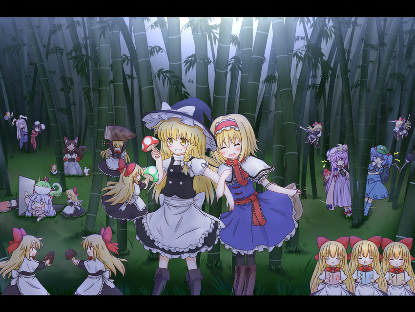 &gt;_&lt; :3 :d ^_^ ^o^ alice_margatroid alternate_costume animal_ears apple apron attack bamboo bamboo_forest bamboo_shoot black_hair blonde_hair blue_eyes blue_hair bomb book bow braid bunny bunny_ears closed_eyes demon_wings doll dress ex-keine fang food food_on_head forest frilled_dress frilled_skirt frills fruit fujiwara_no_mokou hair_bow hairband hat highres houraisan_kaguya imaizumi_kagerou inaba inaba_tewi jealous kamishirasawa_keine kawashiro_nitori kirisame_marisa koakuma long_hair mofu_mofu multiple_girls mushroom nature object_on_head open_mouth patchouli_knowledge puffy_short_sleeves puffy_sleeves purple_eyes purple_hair reisen_udongein_inaba shanghai_doll shield short_hair short_sleeves side_braid skirt sleeping smile string sukusuku_hakutaku sword tail teruyof three-dimensional_maneuver_gear touhou trap_door v-shaped_eyebrows weapon white_hair wings witch_hat wolf_ears wolf_tail