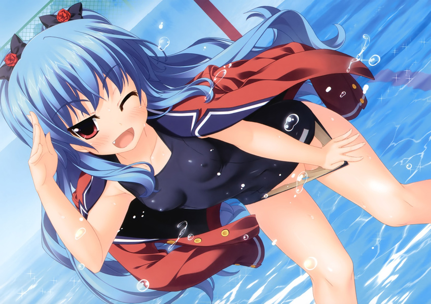 ;d akeboshi_akane blonde_hair breasts fang highres houkago_eroge-bu! itou_life jacket_on_shoulders long_hair one-piece_swimsuit one_eye_closed open_mouth red_eyes salute school_swimsuit school_swimsuit_flap small_breasts smile solo splashing swimsuit swimsuit_pull water
