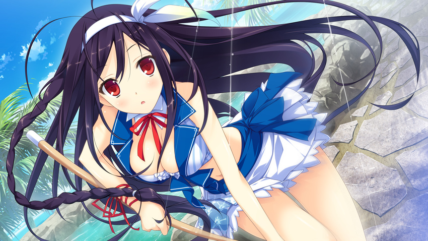 black_hair breasts cleavage game_cg headband koisuru_natsu_no_last_resort kouzaki_umi long_hair marui navel pulltop red_eyes ribbons skirt