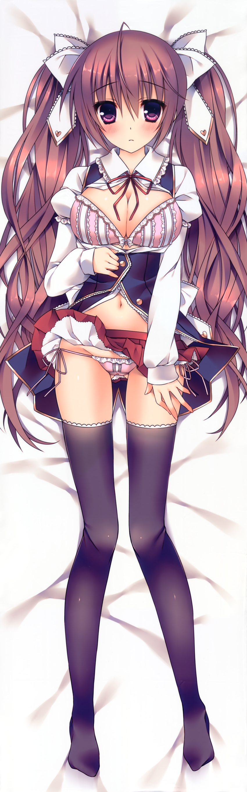 absurdres bed_sheet black_legwear blush bra breasts brown_hair cleavage copyright_request dakimakura frilled_bra frilled_panties frills from_above full_body highres huge_filesize large_breasts legs long_sleeves looking_at_viewer lowleg lowleg_panties lying on_back on_bed on_stomach open_clothes open_shirt panties pink_bra pink_panties purple_eyes shirt side-tie_panties skirt skirt_lift solo sorai_shin'ya string_panties striped takeshita_ayumi thighhighs twintails underwear vertical-striped_bra vertical_stripes