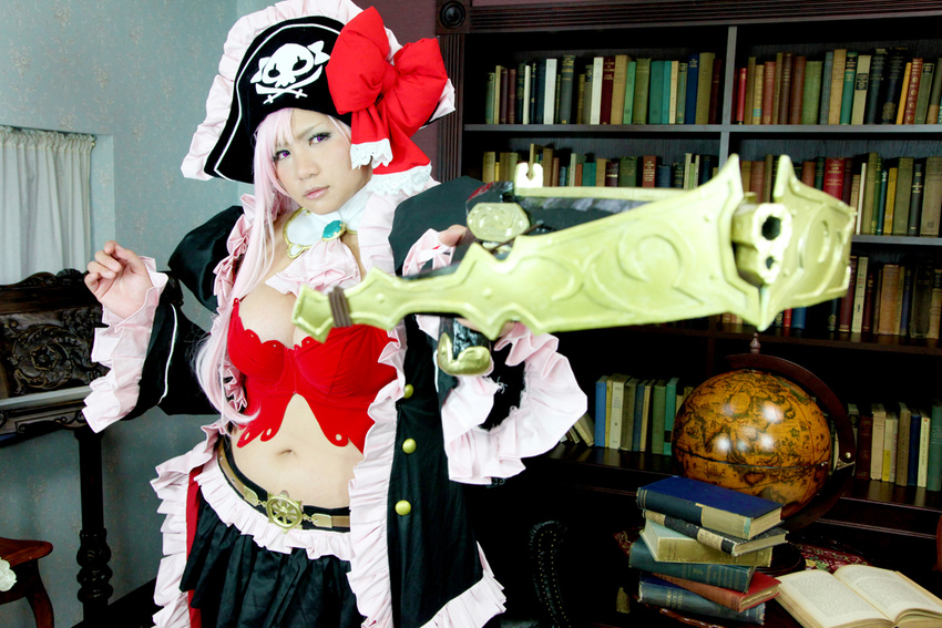 1girl bow_(weapon) breasts captain_liliana captain_liliana_(cosplay) chouzuki_maryou cosplay crossbow hat large_breasts photo pink_hair pirate pirate_hat plump purple_eyes queen's_blade queen's_blade queen's_blade_rebellion weapon