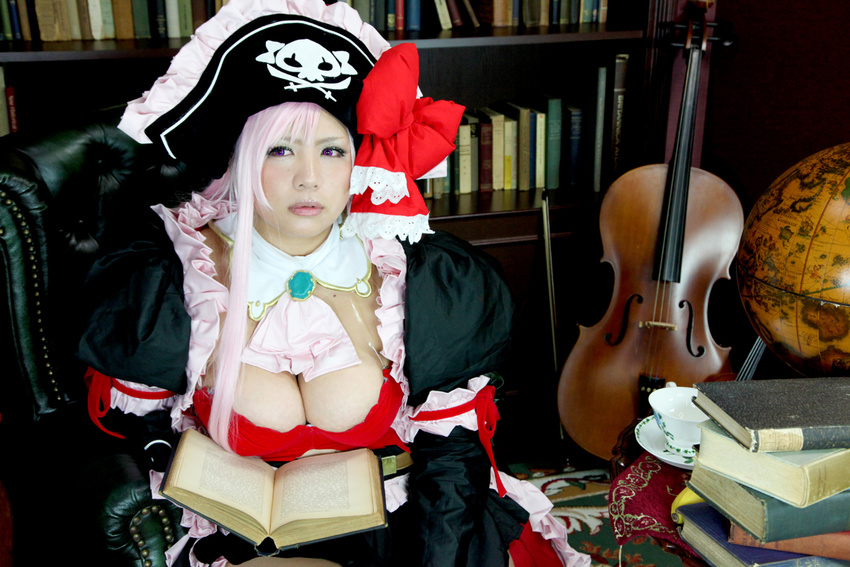 1girl book breasts captain_liliana captain_liliana_(cosplay) chouzuki_maryou cosplay hat large_breasts photo pink_hair pirate pirate_hat plump purple_eyes queen's_blade queen's_blade queen's_blade_rebellion