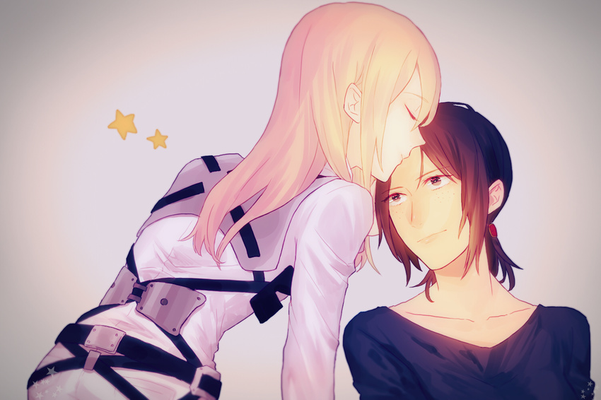 2girls blonde_hair brown_eyes brown_hair christa_renz kiss kurusu_awa shingeki_no_kyojin ymir_(shingeki_no_kyojin) yuri