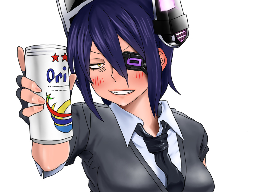 alcohol bad_id bad_pixiv_id beer beer_can blue_hair blush can collaboration_request colorized commentary drunk eyepatch fingerless_gloves gloves grin highres kantai_collection necktie ookubo_menma orion_beer sharp_teeth smile solo sweater teeth tenryuu_(kantai_collection) yellow_eyes
