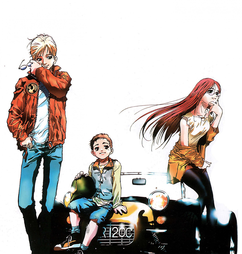 1girl 2boys alfred_izuruha bernard_wiseman blonde_hair brown_hair car child christina_mackenzie glasses gundam gundam_0080 highres jacket long_hair mikimoto_haruhiko motor_vehicle multiple_boys official_art red_hair sitting vehicle