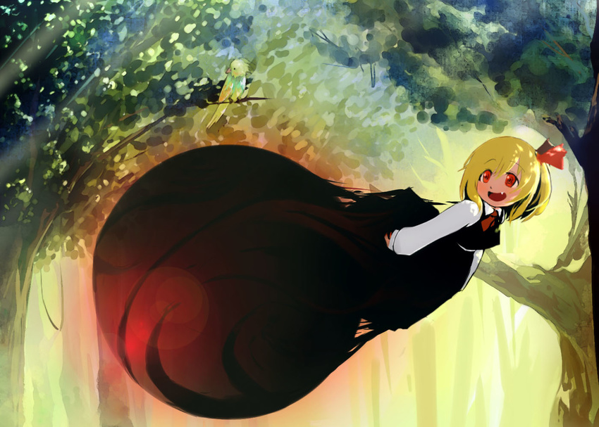 bird black_dress blonde_hair commentary_request darkness dress fang flying forest hair_ribbon long_sleeves nature open_mouth red_dress ribbon rumia shirt smile solo suisa touhou