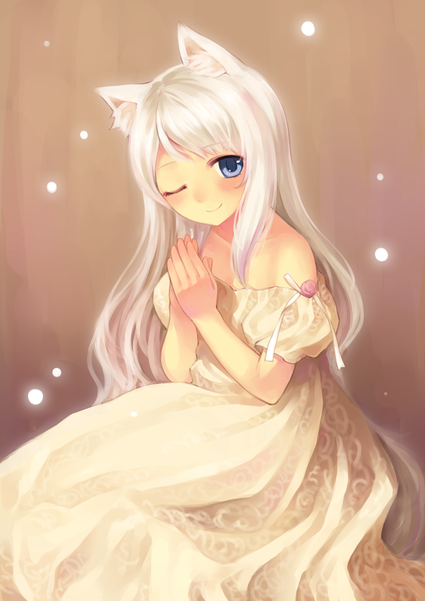absurdres animal_ears bad_id bad_pixiv_id bare_shoulders blue_eyes blush brown_background dress hands_together highres long_hair looking_at_viewer one_eye_closed original sitting solo tsubasa_tsubasa white_dress white_hair