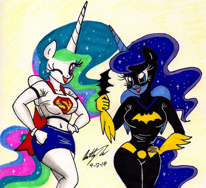 anthro anthrofied batarang batwoman blue_eyes blue_hair clothing costume duo equine female friendship_is_magic hair horn looking_at_viewer mammal miniskirt multi-colored_hair my_little_pony navel newyorkx3 one_eye_closed plain_background princess_celestia_(mlp) princess_luna_(mlp) purple_eyes sibling sisters skirt sparkles superwoman white_background wide_hips winged_unicorn wings wink