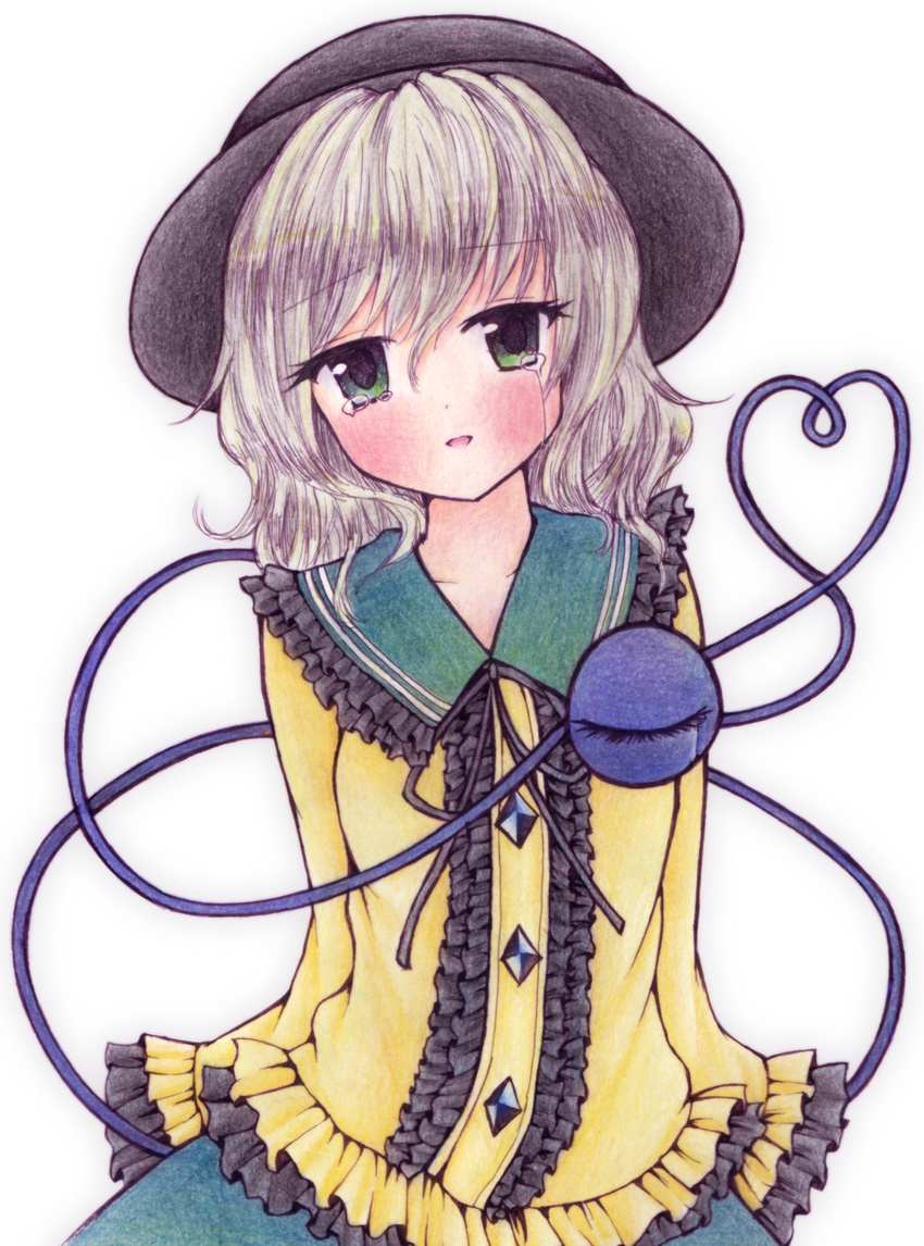 bad_id bad_pixiv_id bebitera blouse blush colored_pencil_(medium) contrapposto green_eyes hat head_tilt heart heart_of_string highres komeiji_koishi lavender_hair long_sleeves looking_at_viewer millipen_(medium) parted_lips short_hair simple_background skirt sleeves_past_wrists solo standing tears third_eye touhou traditional_media upper_body white_background