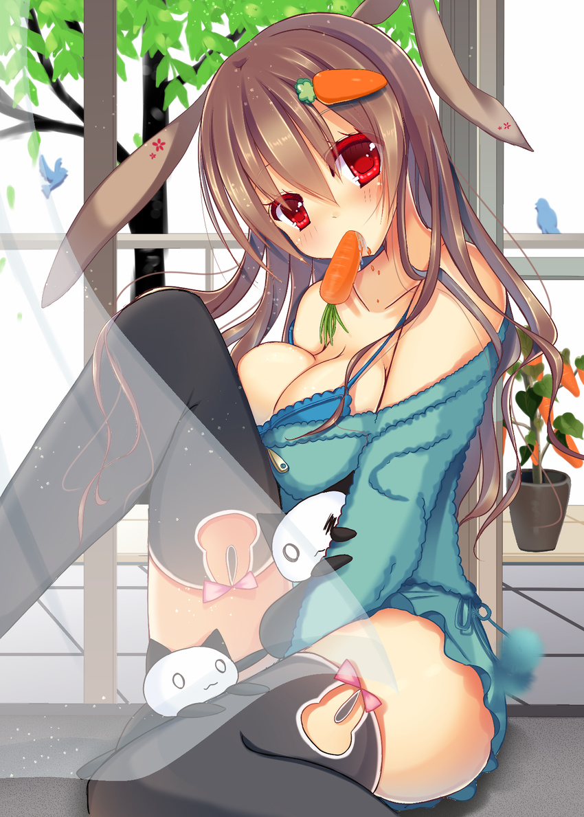 ;3 animal_ears bird black_legwear blue_bra bra breast_press breasts brown_hair bunny_ears carrot carrot_hair_ornament cat cleavage eating food_themed_hair_ornament hair_ornament hairclip highres kinoko5123 knee_up large_breasts long_hair off_shoulder original red_eyes saliva sitting thighhighs tree underwear window