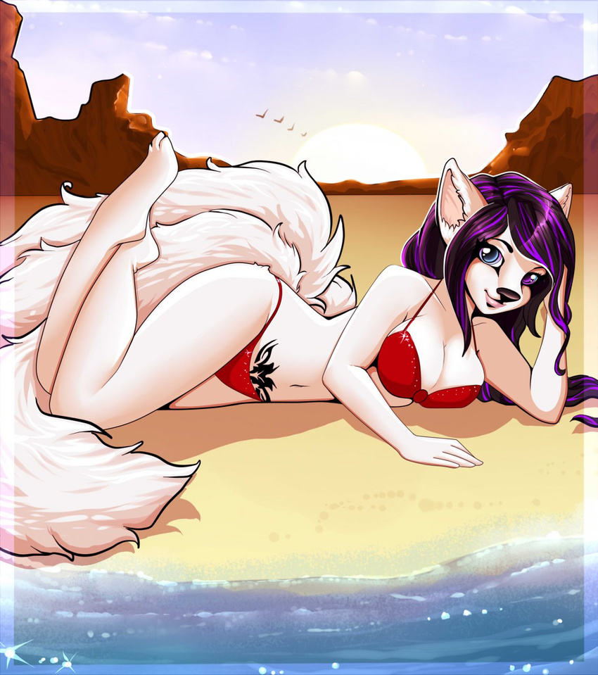 female fur multiple_tails robyn_paperdoll seaside solo swimsuit water white_fur