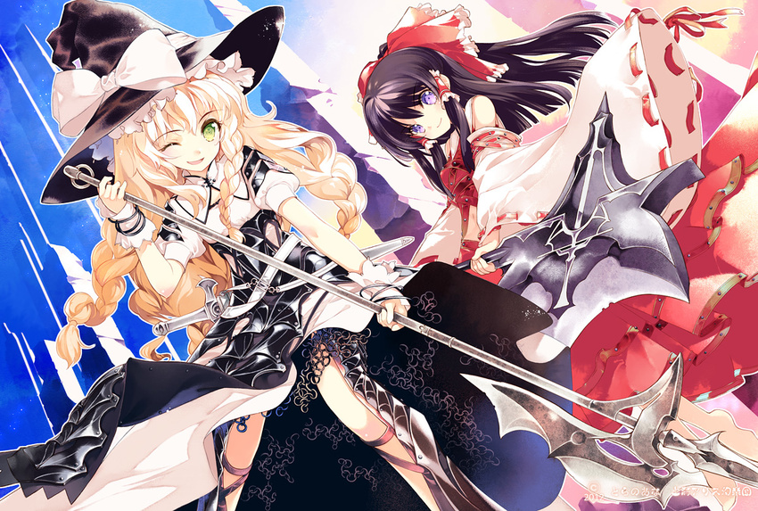 adapted_costume armor armored_dress axe bare_shoulders battle_axe black_dress black_hair blonde_hair bow braid detached_sleeves dress green_eyes hair_bow hair_tubes hakurei_reimu halberd hat hat_bow kirisame_marisa long_hair long_sleeves looking_at_viewer multiple_girls one_eye_closed polearm puffy_sleeves purple_eyes red_dress short_sleeves single_braid smile sumi_keiichi sword touhou weapon wide_sleeves witch_hat wrist_cuffs