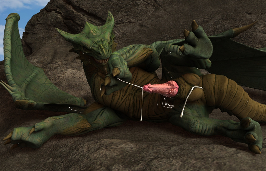 3d after_sex balls barbs brown_belly brown_scales brown_skin cgi claws cum cum_on_balls cum_string cumshot dragon feral gelrend green_body green_dragon green_scales green_skin horn knot lying male on_side open_mouth orgasm penis pink_penis rock scalie sharp_teeth solo spikes teeth toe_claws unusual_penis wings