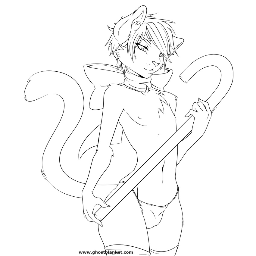 candy_cane cat chest_tuff christmas feline ghostblanketboy hair holidays legwear line_art looking_at_viewer male mammal monochrome nipples solo stockings uncolored underwear