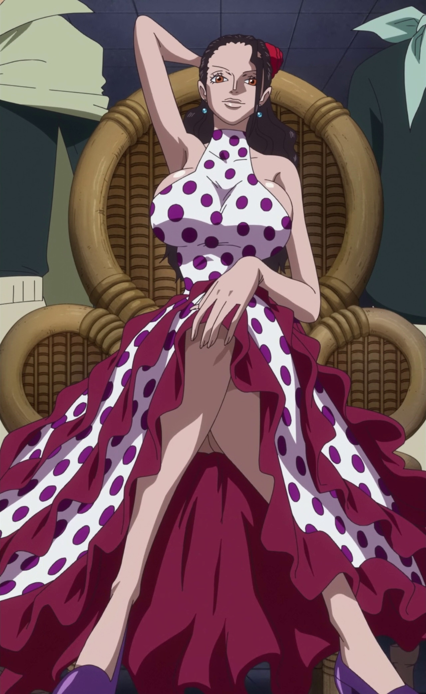 1girl bare_shoulders breasts brown_eyes dressrosa earrings female flower hair_flower hair_ornament huge_breasts jewelry legs legs_crossed lips looking_at_viewer one_piece screencap sitting solo stitched viola_(one_piece) violet_(one_piece)