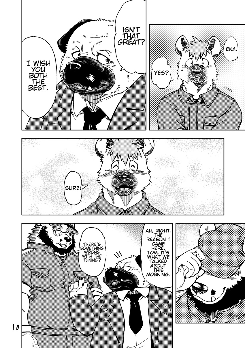 bear chubby clothing comic ena_(kumagaya) english_text eyewear glasses greyscale hyena kumagaya_shin male mammal monochrome pug text tom_(kumagaya)