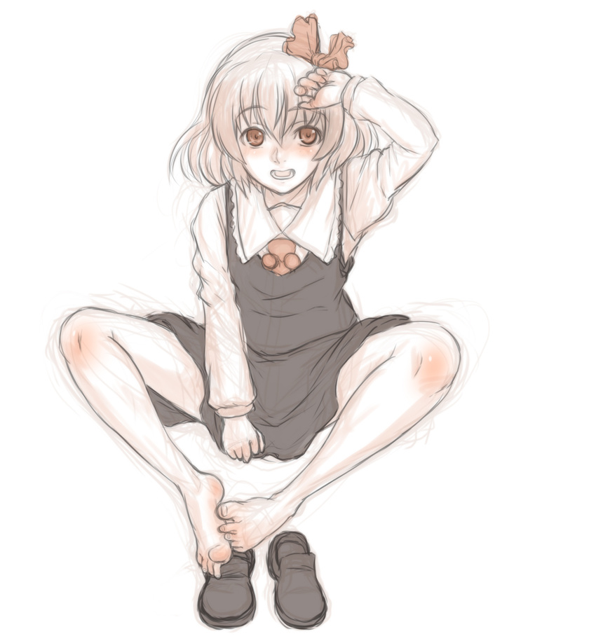 barefoot full_body hair_ribbon highres kuro_suto_sukii long_sleeves looking_at_viewer open_mouth ribbon rumia shirt shoes_removed simple_background sitting sketch skirt skirt_set smile solo touhou vest white_background