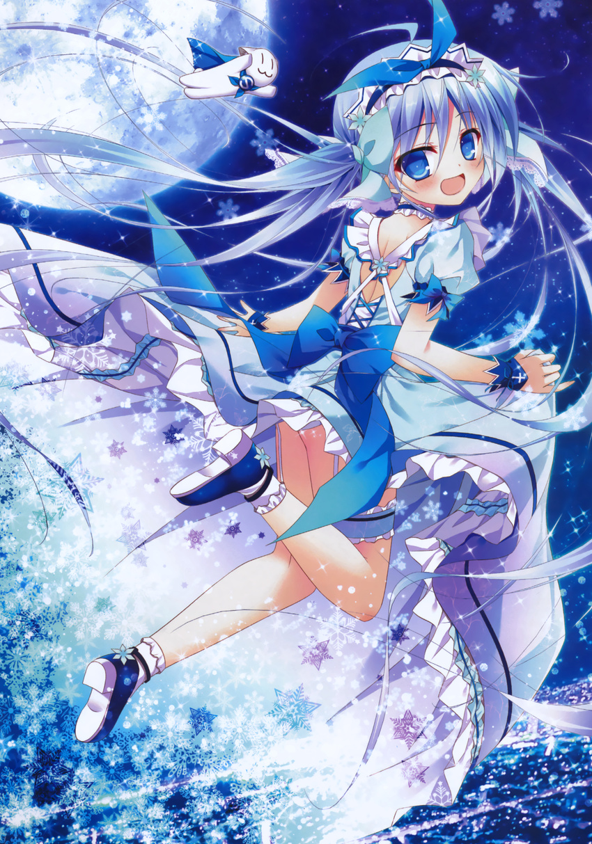 :3 :d absurdres blue_hair blush cat dress dress_lift full_moon garter_straps hairband herurun highres leg_garter lolita_hairband looking_at_viewer looking_back monster moon night night_sky open_mouth shoe_strap sky smile snowflakes solo tareme thighs twintails |_|