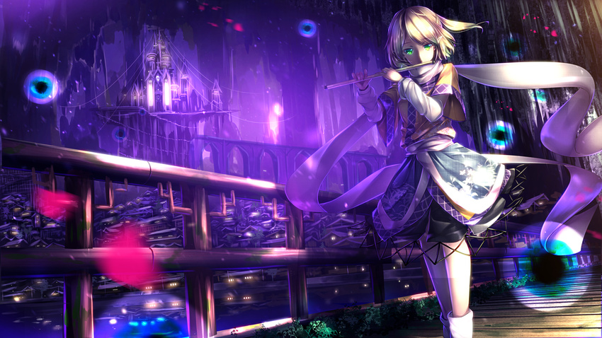 blonde_hair building dress flute green_eyes highres instrument kneehighs looking_at_viewer md5_mismatch mizuhashi_parsee petals railing ryosios scarf short_hair solo touhou