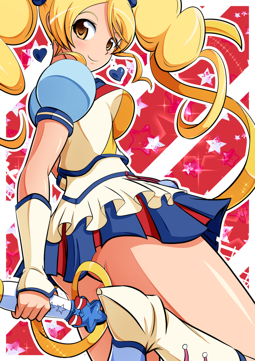 alternate_form aokura_shou blonde_hair blue_skirt boots brown_eyes cure_honey earrings happinesscharge_precure! highres jewelry knee_boots long_hair looking_back magical_girl miniskirt multicolored multicolored_clothes multicolored_skirt oomori_yuuko popcorn_cheer precure puffy_sleeves red_background skirt smile solo star starry_background twintails wand wrist_cuffs