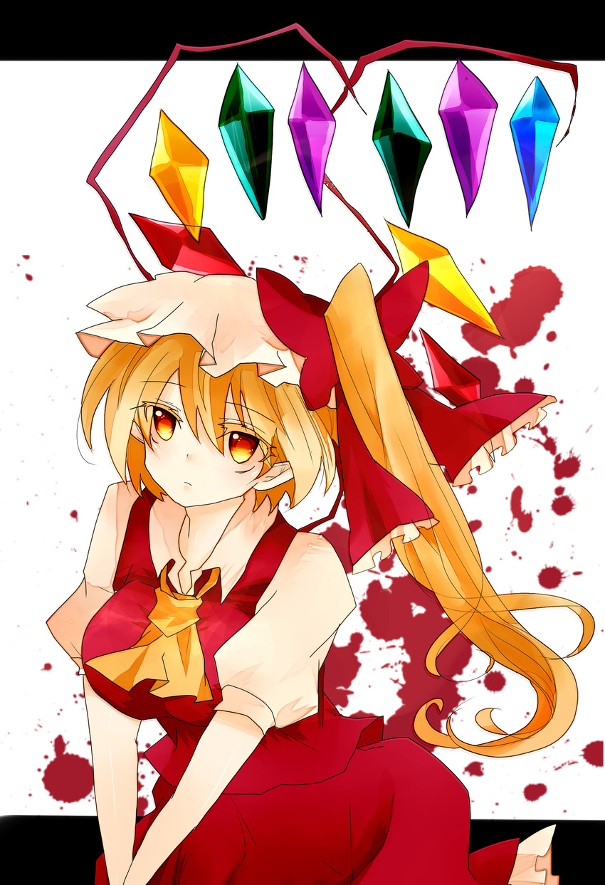 absurdres alternate_eye_color ascot blonde_hair breasts colored_eyelashes crystal dress flandre_scarlet gradient_eyes hands_clasped hands_together hat hat_ribbon highres large_breasts looking_away multicolored multicolored_eyes older own_hands_together pointy_ears red_dress ribbon side_ponytail skirt skirt_set solo take_no_ko touhou wings