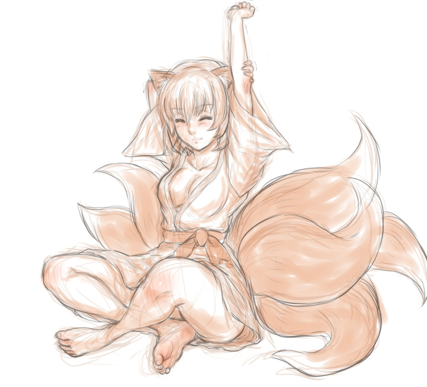 alternate_costume animal_ears barefoot breasts cleavage closed_eyes fox_ears fox_tail full_body highres indian_style japanese_clothes kimono kuro_suto_sukii large_breasts monochrome multiple_tails no_hat no_headwear sash simple_background sitting sketch solo stretch tail touhou white_background yakumo_ran yukata