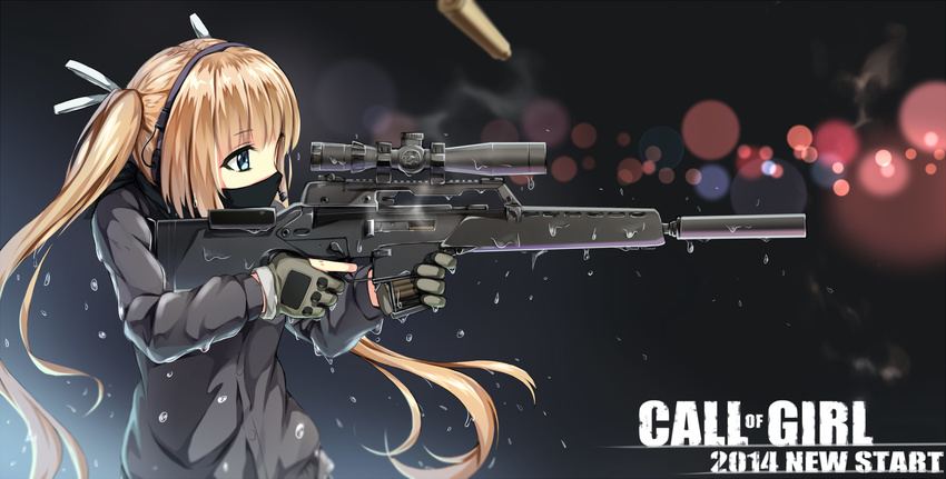 aiming assault_rifle blonde_hair blue_eyes call_of_duty casing_ejection covered_mouth english gun headset heckler_&amp;_koch highres long_hair long_sleeves mask rifle scarf shell_casing sl8 solo suppressor twintails weapon yuri_shoutu