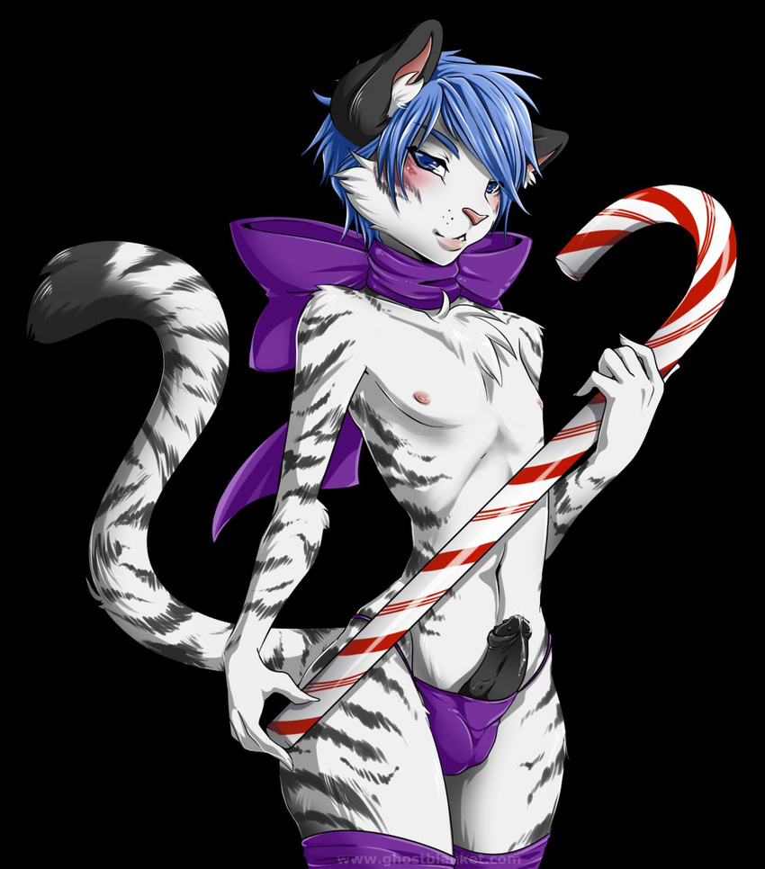 blue_eyes blue_hair blush candy_cane feline ghostblanketboy girly hair legwear looking_at_viewer male mammal nipples penis plain_background precum solo stockings underwear