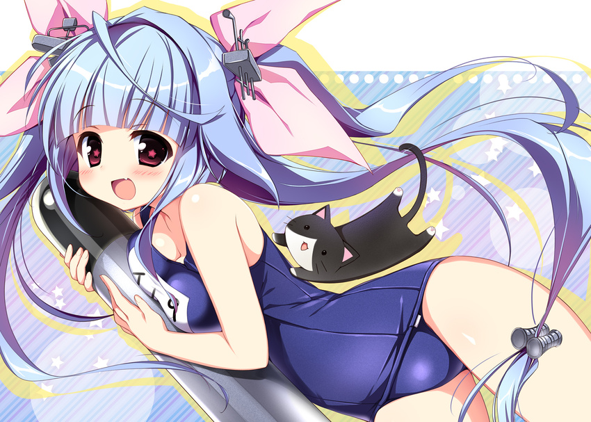 :d blue_hair blush breasts cat fang hair_ribbon highres i-19_(kantai_collection) kantai_collection long_hair looking_at_viewer medium_breasts nagayama_yuunon name_tag one-piece_swimsuit open_mouth red_eyes ribbon school_swimsuit smile solo star star-shaped_pupils swimsuit symbol-shaped_pupils torpedo twintails