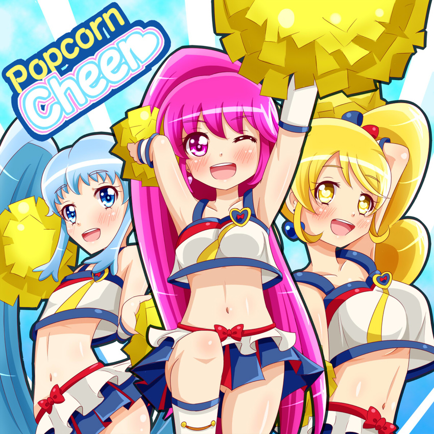 aino_megumi alternate_form armpits arms_up blonde_hair blue_eyes blue_skirt blush cheerleader cherrose cosplay crop_top crop_top_overhang cure_honey cure_honey_(cosplay) cure_lovely cure_princess earrings flat_chest happinesscharge_precure! highres jewelry long_hair magical_girl midriff multicolored multicolored_clothes multicolored_skirt multiple_girls navel one_eye_closed oomori_yuuko pink_eyes pink_hair pom_poms ponytail popcorn_cheer precure shiny shiny_skin shirayuki_hime sidelocks skirt smile twintails wide_ponytail wrist_cuffs yellow_eyes