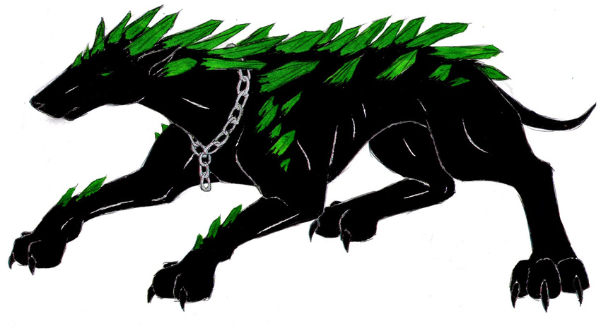 black_claws black_skin canine chain collar command_and_conquer command_and_conquer_3 crouching crystal dog feral forgotten_(mod) full-length_portrait green_eyes green_markings mammal marker_(art) markings mixed_media paws pen_(art) plain_background quadruped shiny side_view solo spikes standing tiberian_fiend tiberium traditional_media white_background