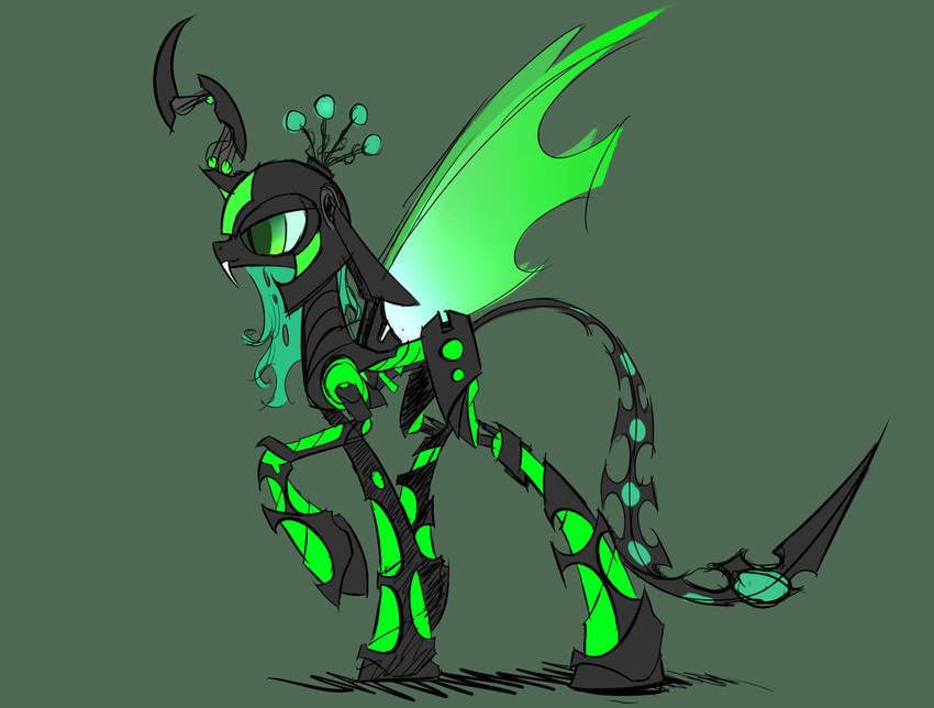 changeling fangs friendship_is_magic green_eyes green_hair hair holes machine mechanical my_little_pony plain_background queen_chrysalis_(mlp) robot slit_pupils solo standing underpable wings
